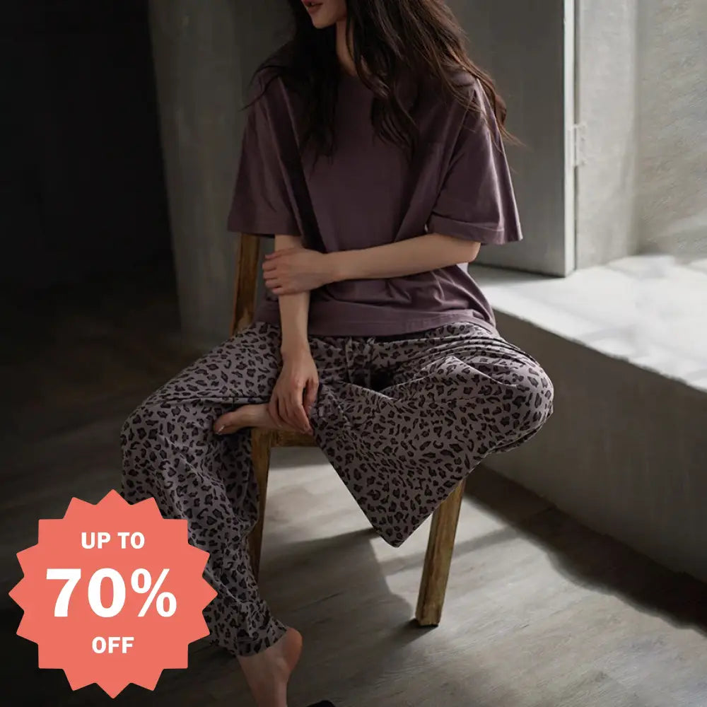 レディース パジャマ ルームウェア 夏 モダール コットン 半袖 長ズボン セット 新作 ヒョウ柄 部屋着 着心地 肌触り セットアップ ID4617 写真通り / M レディース＞セットアップ