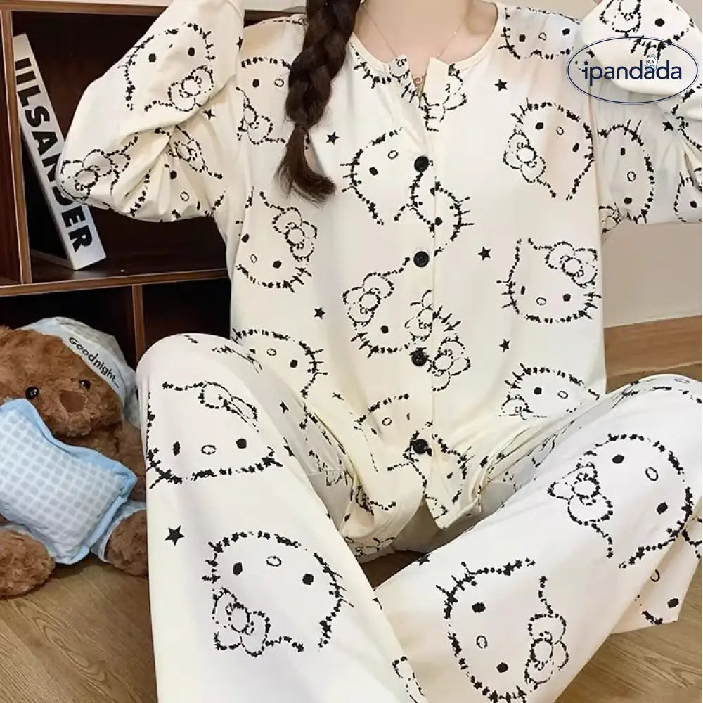 レディース パジャマ 春秋 新作 綿 長袖 ロングパンツ カートゥーン キャット ルームウェア セット ID4406