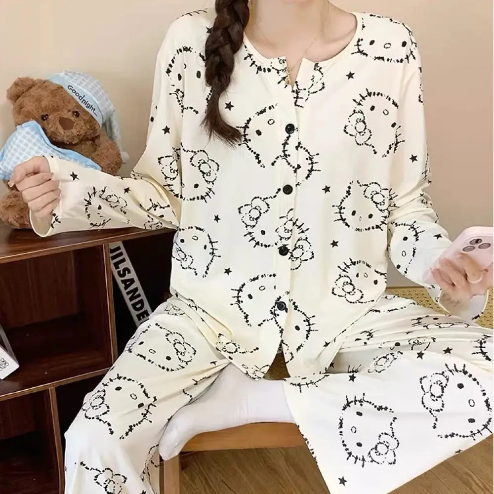 レディース パジャマ 春秋 新作 綿 長袖 ロングパンツ カートゥーン キャット ルームウェア セット ID4406 タイプ① / M