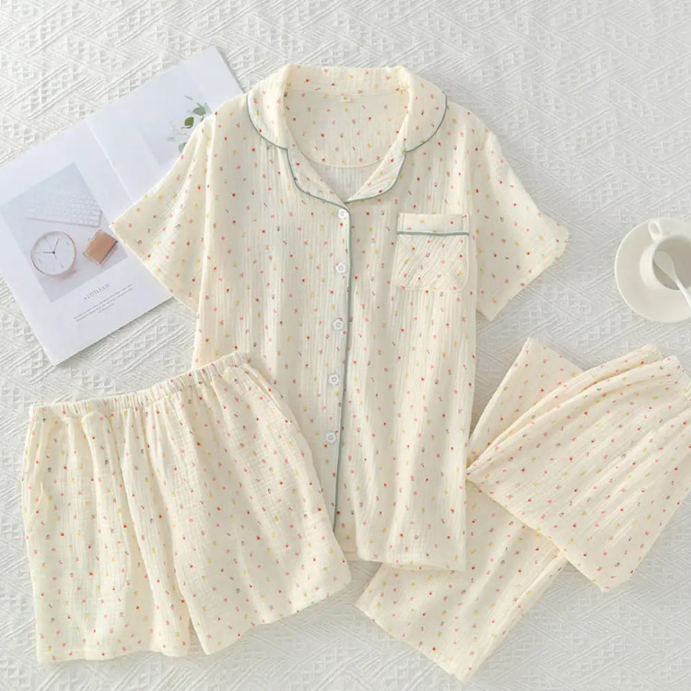 ID970 女性用 パジャマ 3 点セット 春夏 薄手 家居服セット 翻領 半袖 長ズボン 短パンツ 新入荷 レディース＞セットアップ