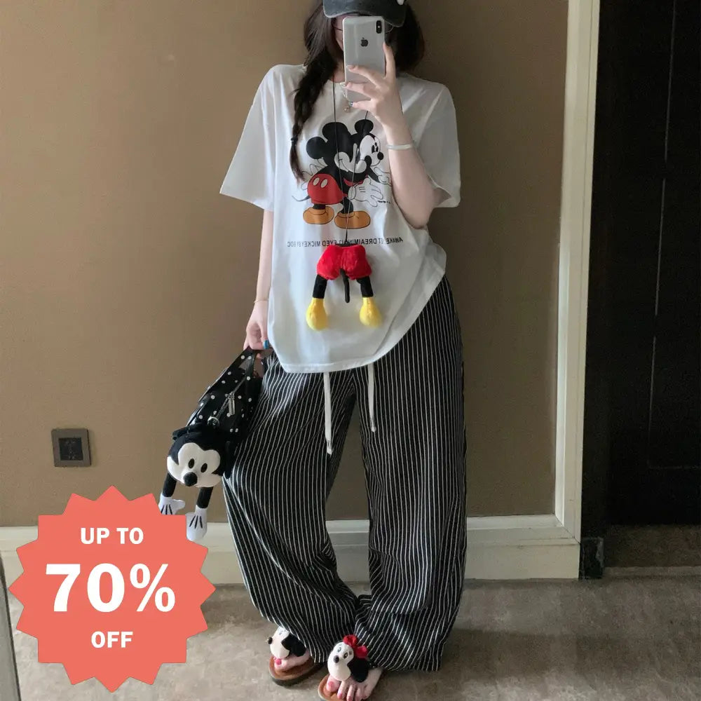 レディース パジャマ 夏 半袖 快適 ゆったり ロングパンツ セット かわいい カートゥーン ストライプ ミッキー 大きいサイズ プルオーバー ルームウェア 薄手 ID4713 - レディース＞セットアップ