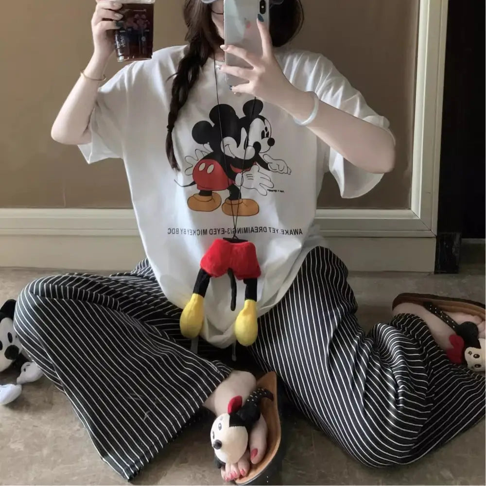 レディース パジャマ 夏 半袖 ロングパンツ セット かわいい カートゥーン ストライプ ミッキー 大きいサイズ プルオーバー ルームウェア 薄手 ID4713 - タイプ① / M