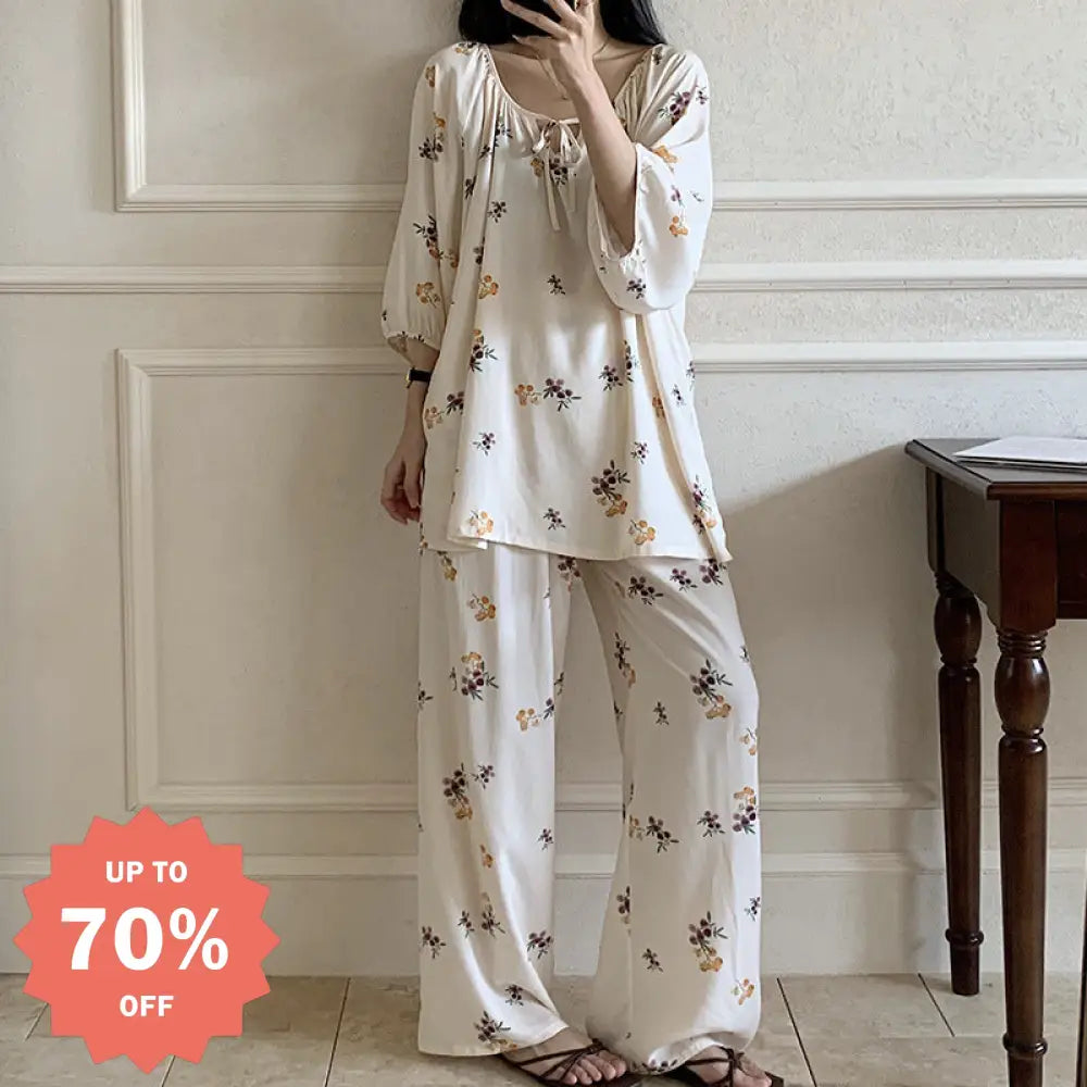 レディース パジャマ 夏秋用 花柄 シンプルでかわいい ゆったりとした ラウンジウェア 快適なコットンサテン セットアップ ID1869