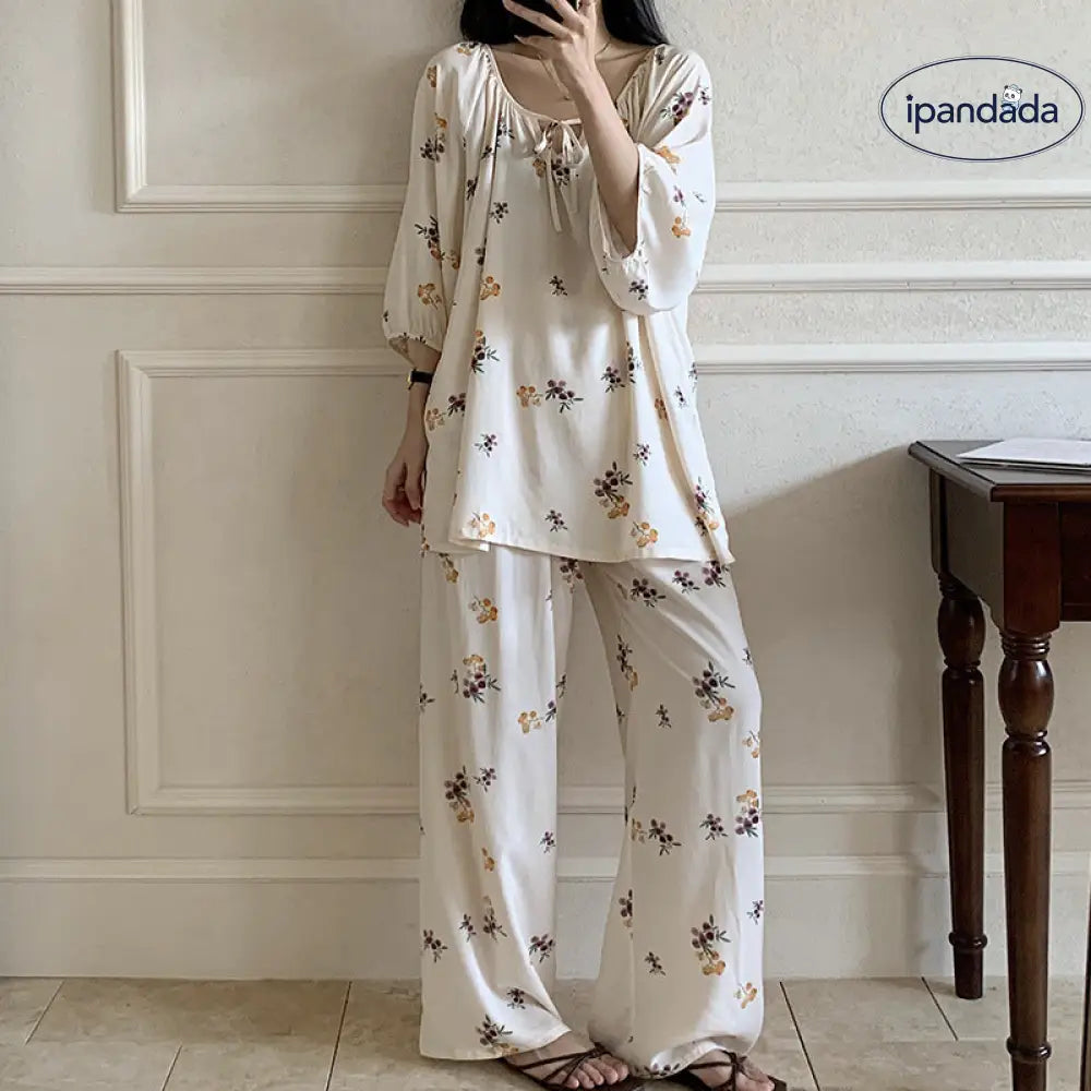 レディース パジャマ 夏秋用 花柄 シンプルでかわいい ゆったりとした ラウンジウェア 快適なコットンサテン セットアップ ID1869