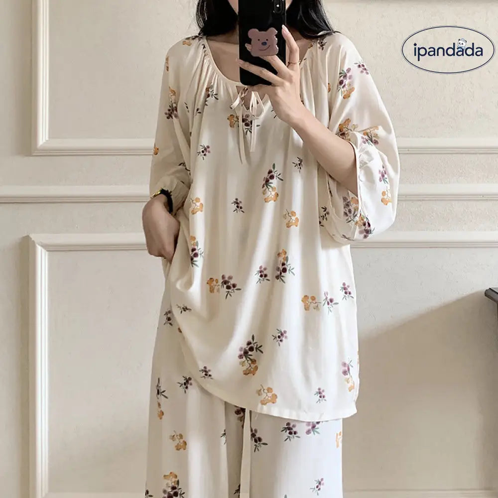 レディース パジャマ 夏秋用 花柄 シンプルでかわいい ゆったりとした ラウンジウェア 快適なコットンサテン セットアップ ID1869