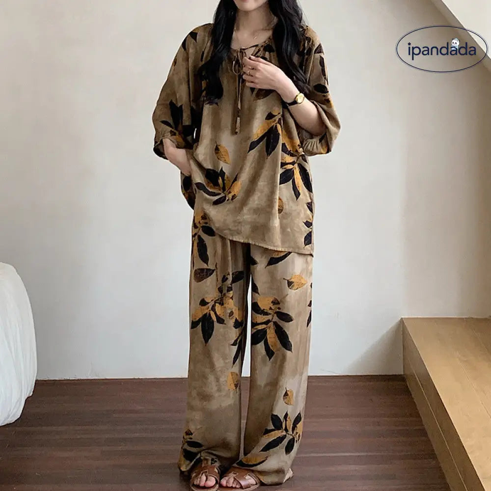 レディース パジャマ 夏秋用 花柄 シンプルでかわいい ゆったりとした ラウンジウェア 快適なコットンサテン セットアップ ID1869