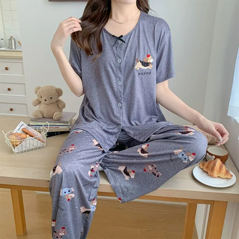 レディース パジャマ 夏用 半袖 ロングパンツ 可愛い カートゥーン ルームウェア セット ID4738 - 写真通り / M