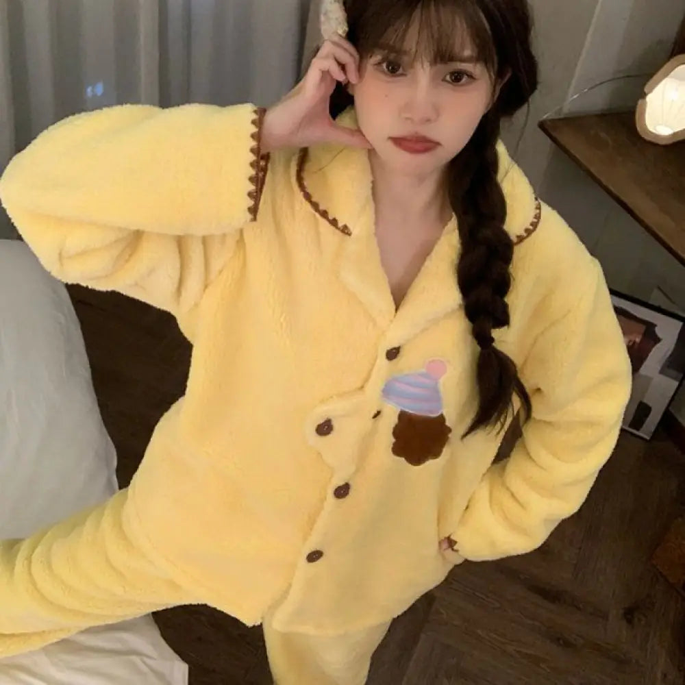 レディース パジャマ 新作 フリース 裏起毛 厚手 長袖 ロングパンツ かわいい 可愛い 暖かい あったか 長袖 部屋着 ふわもこ モコモコ ルームウェア セットク リスマス ギフト ID3573 イエロー / M レディース＞セットアップ