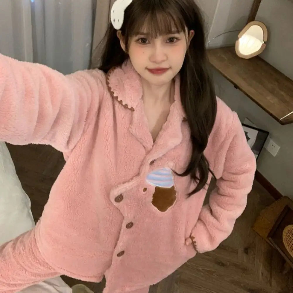 レディース パジャマ 新作 フリース 裏起毛 厚手 長袖 ロングパンツ かわいい 可愛い 暖かい あったか 長袖 部屋着 ふわもこ モコモコ ルームウェア セットク リスマス ギフト ID3573 ピンク / M レディース＞セットアップ