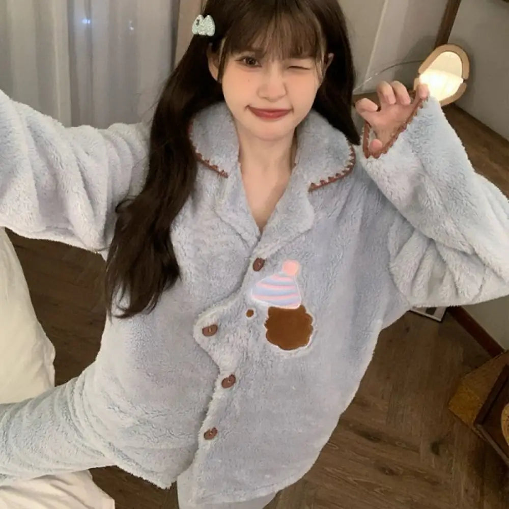 レディース パジャマ 新作 フリース 裏起毛 厚手 長袖 ロングパンツ かわいい 可愛い 暖かい あったか 長袖 部屋着 ふわもこ モコモコ ルームウェア セットク リスマス ギフト ID3573 ブルー / M レディース＞セットアップ