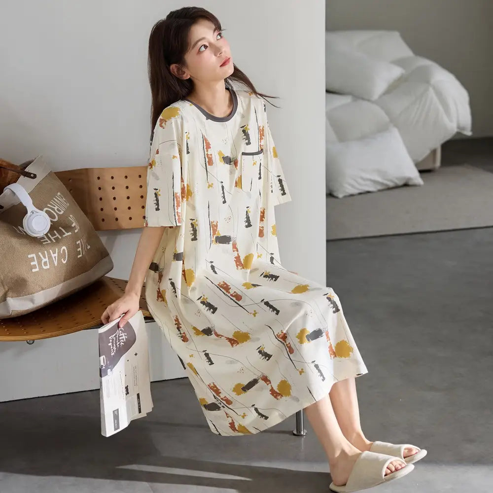 レディース パジャマ 胸パッド付き コットン 夏用 ナイトガウン リラックス ワンピース 部屋着 寝巻き 可愛い ミディ丈 ルームウェア ID4562 タイプ⑦ / M レディース＞ワンピース