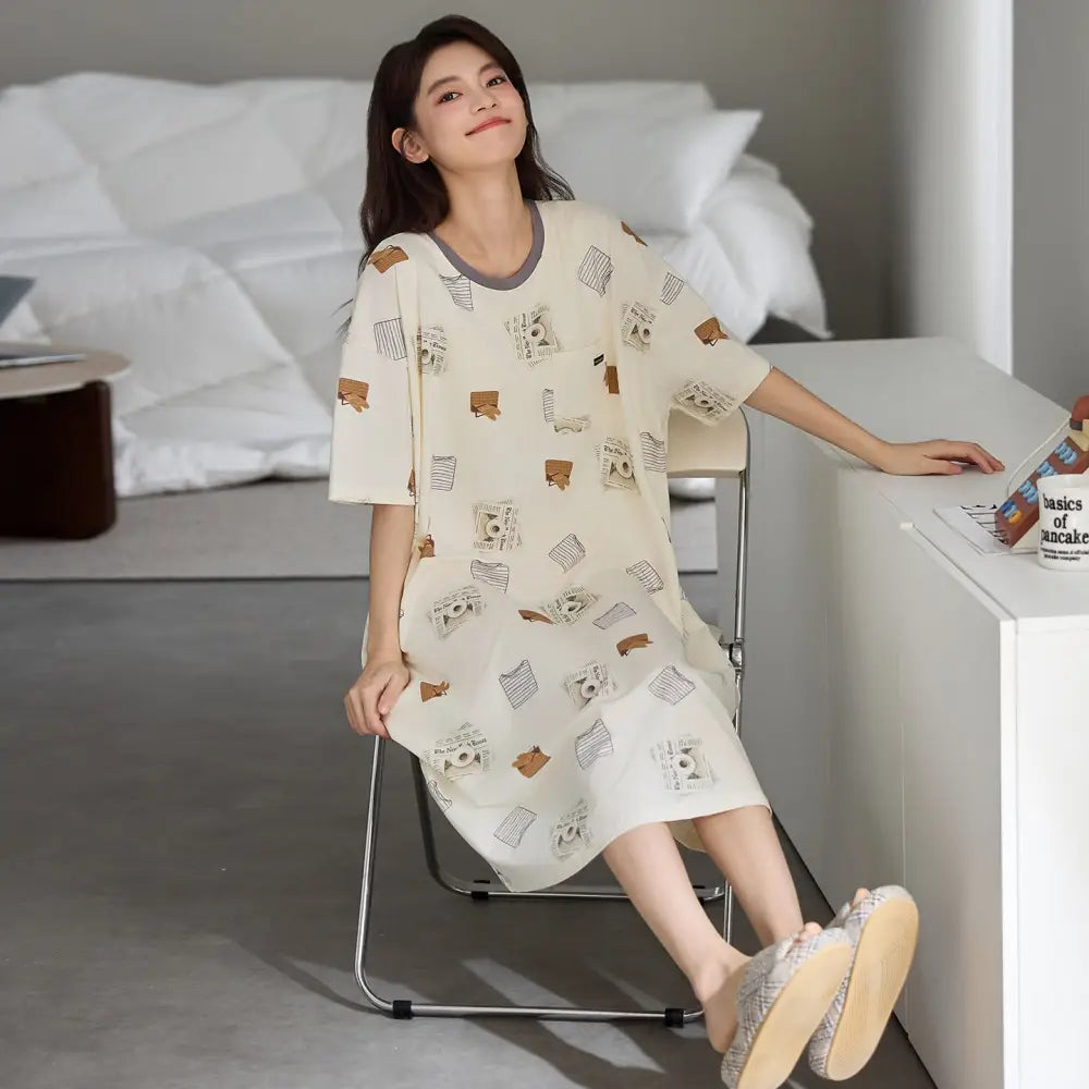 レディース パジャマ 胸パッド付き コットン 夏用 ナイトガウン リラックス ワンピース 部屋着 寝巻き 可愛い ミディ丈 ルームウェア ID4562 タイプ⑧ / M レディース＞ワンピース