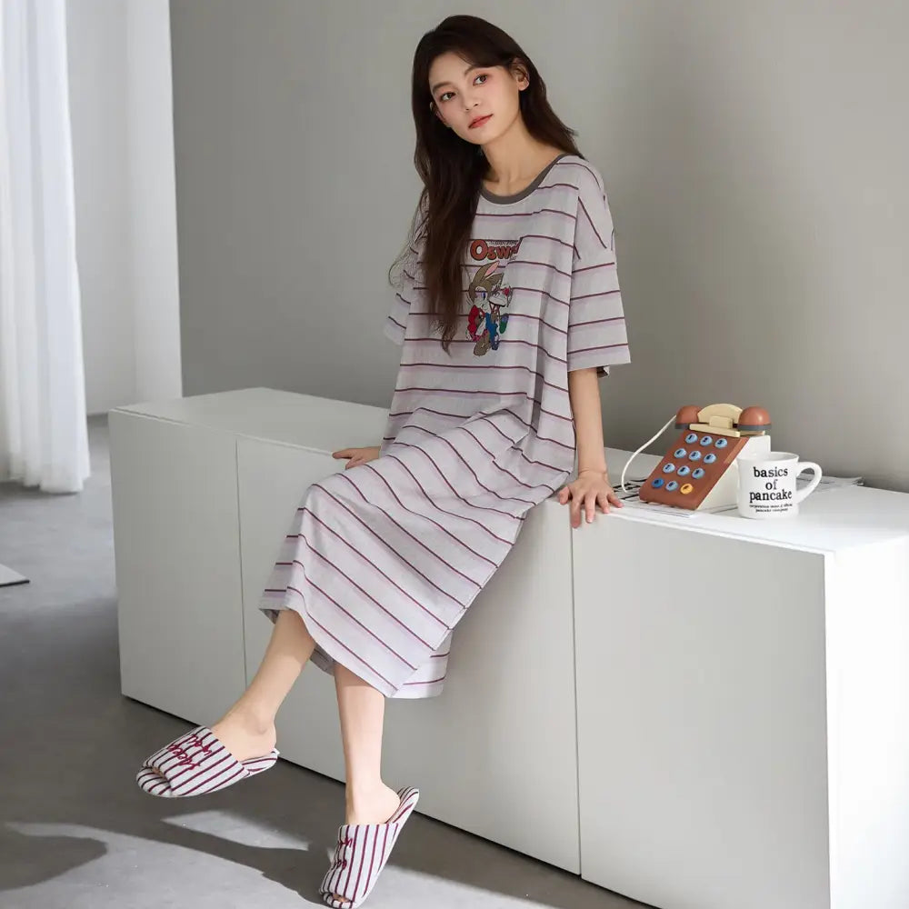 レディース パジャマ 胸パッド付き コットン 夏用 ナイトガウン リラックス ワンピース 部屋着 寝巻き 可愛い ミディ丈 ルームウェア ID4562 タイプ⑤ / M レディース＞ワンピース