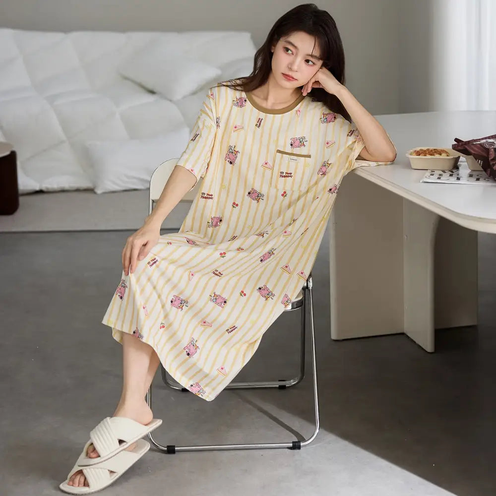 レディース パジャマ 胸パッド付き コットン 夏用 ナイトガウン リラックス ワンピース 部屋着 寝巻き 可愛い ミディ丈 ルームウェア ID4562 タイプ② / M レディース＞ワンピース