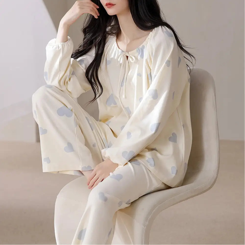 レディース パジャマ 春秋用 綿100% 女性 秋 長袖 長ズボン 韓国風 ルームウェア セット ID2781