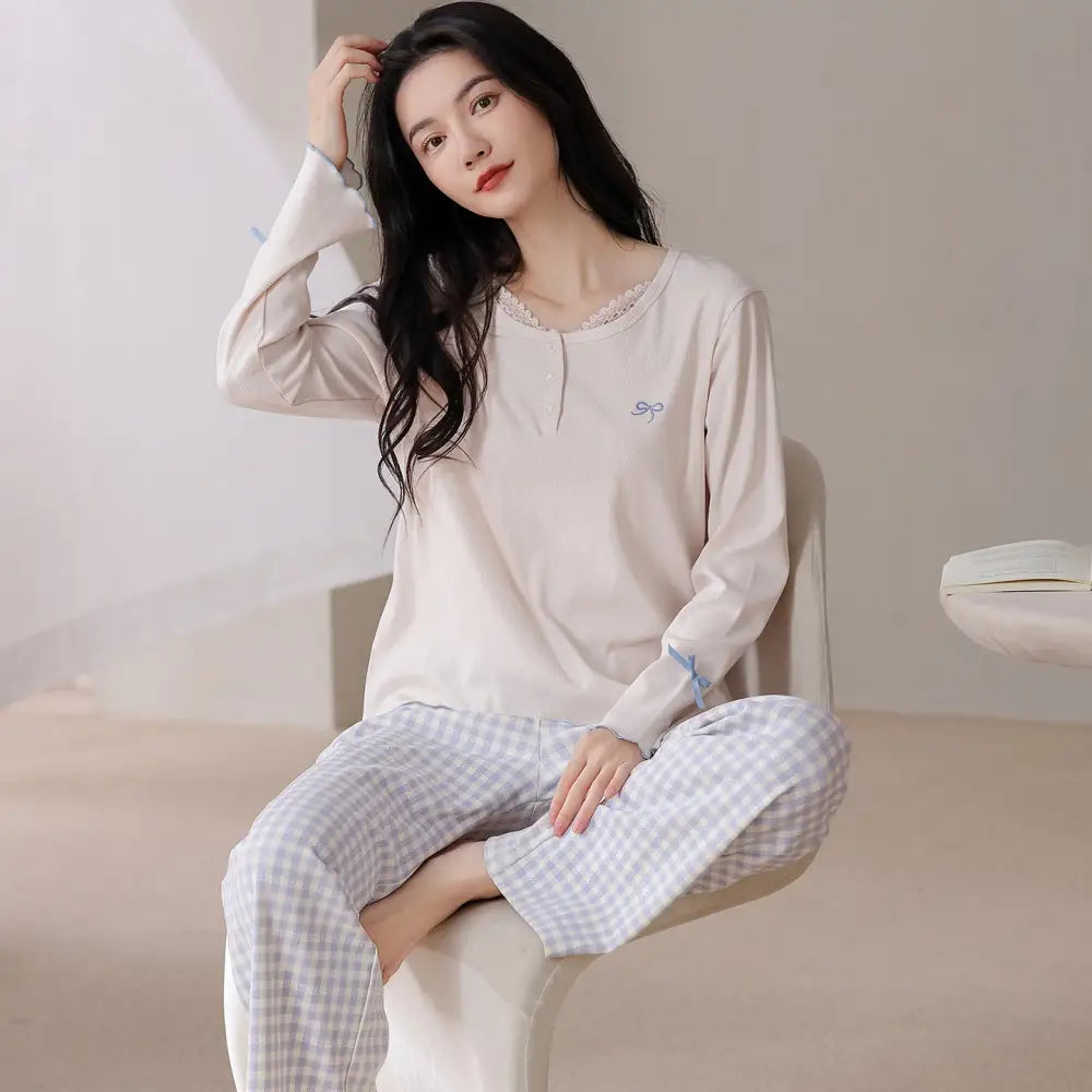 レディース パジャマ 春秋用 綿100% 女性 秋 長袖 長ズボン 韓国風 ルームウェア セット ID2781 タイプ② / M
