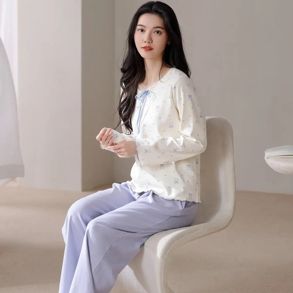 レディース パジャマ 春秋用 綿100% 女性 秋 長袖 長ズボン 韓国風 ルームウェア セット ID2781 タイプ⑦ / M