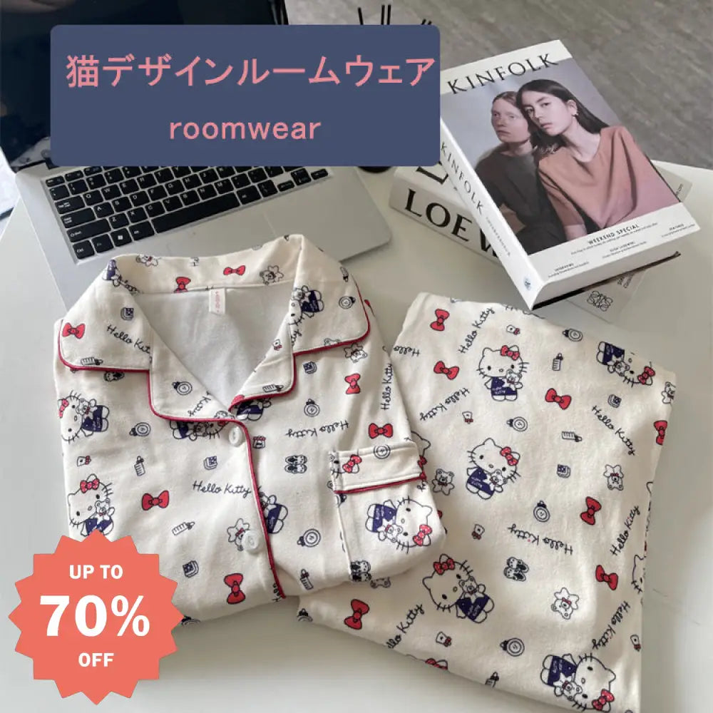 ID503 レディース パジャマセット 春秋冬 長袖 長ズボン かわいい 猫デザイン 可愛い セットアップ ルームウェア ふんわり 柔らかい レディース＞セットアップ