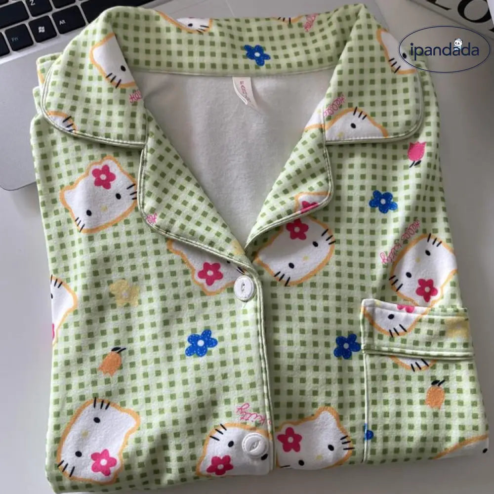 ID504 レディース パジャマセット キティちゃん チェック かわいい 2点セット 長袖 長ズボン 柔らか 厚手 おしゃれ 外出可 レディース＞セットアップ