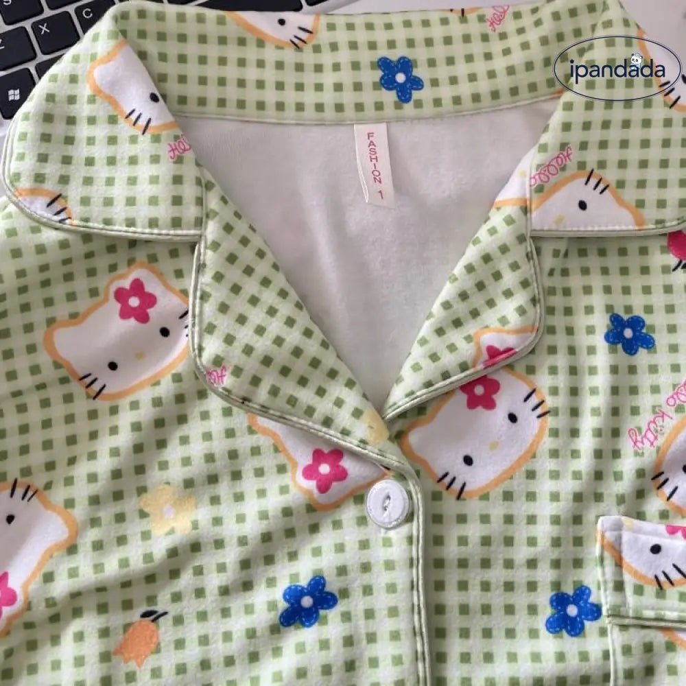 ID504 レディース パジャマセット キティちゃん チェック かわいい 2点セット 長袖 長ズボン 柔らか 厚手 おしゃれ 外出可 レディース＞セットアップ