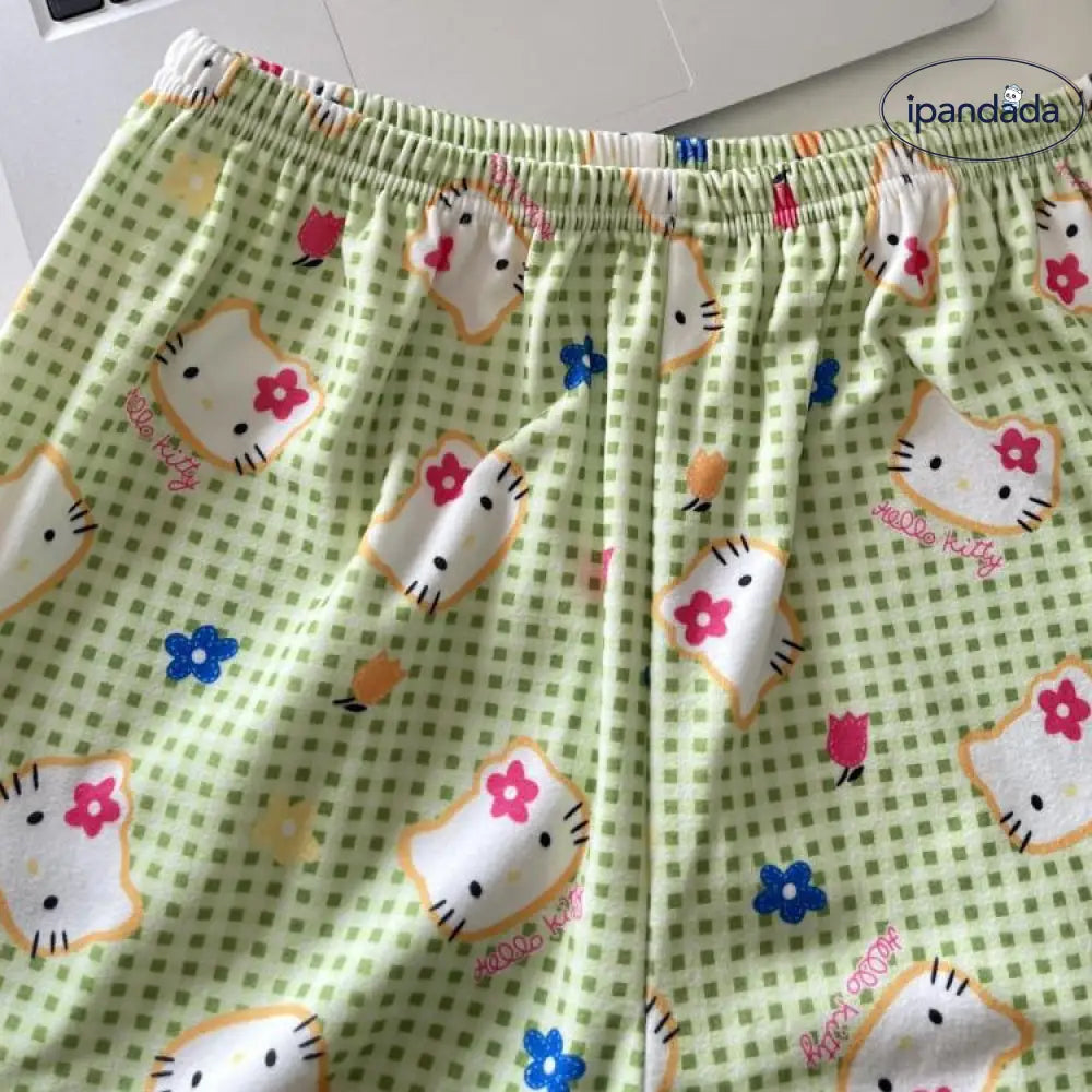 ID504 レディース パジャマセット キティちゃん チェック かわいい 2点セット 長袖 長ズボン 柔らか 厚手 おしゃれ 外出可 レディース＞セットアップ