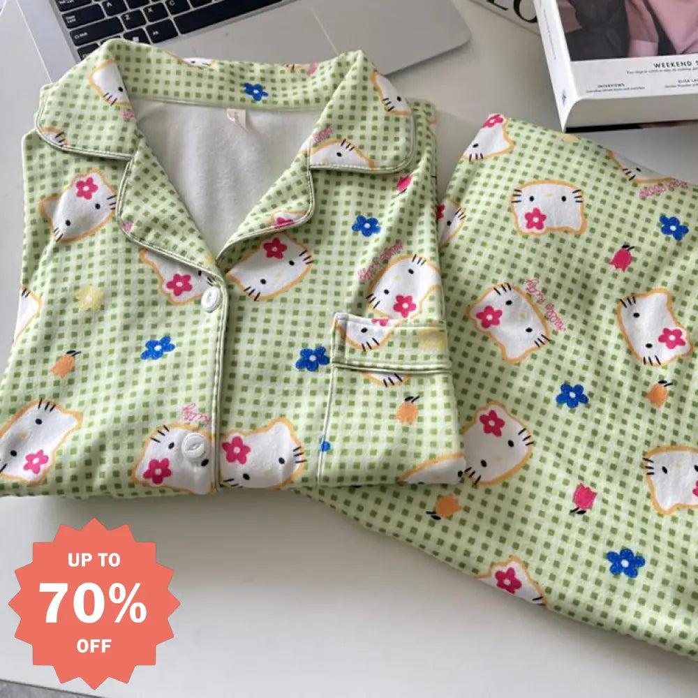 ID504 レディース パジャマセット キティちゃん チェック かわいい 2点セット 長袖 長ズボン 柔らか 厚手 おしゃれ 外出可 写真通り / M レディース＞セットアップ