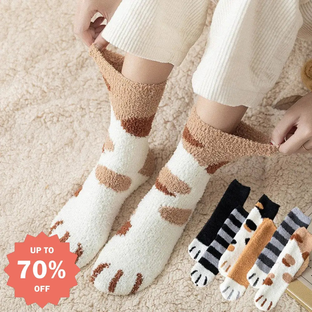 レディース 秋冬 コーラルフリース ミドルソックス かわいい 猫爪ソックス フリース 厚手 レディースソックス スリープソックス ID3593