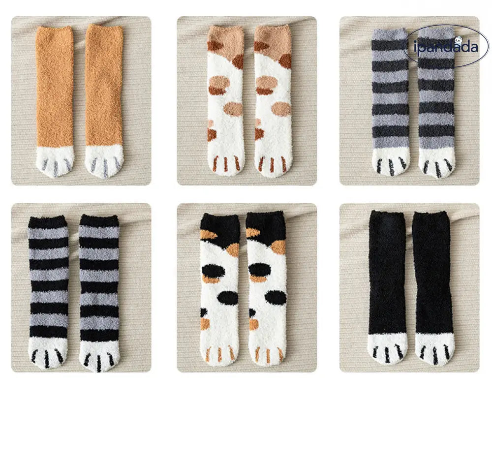 レディース 秋冬 コーラルフリース ミドルソックス かわいい 猫爪ソックス フリース 厚手 レディースソックス スリープソックス ID3593