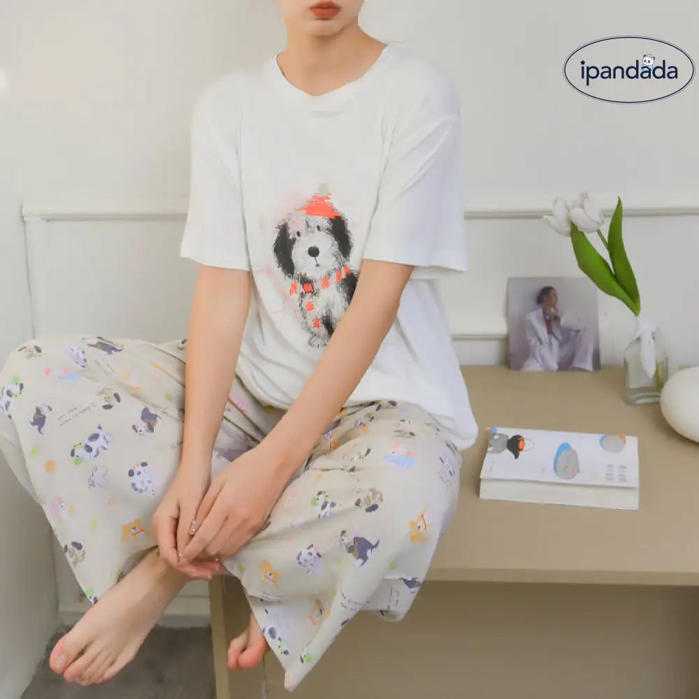 ID525 レディース 犬 プリント モダール パジャマセット 夏 半袖 長ズボン ゆったり かわいい ルームウェア 写真通り / フリー レディース＞セットアップ