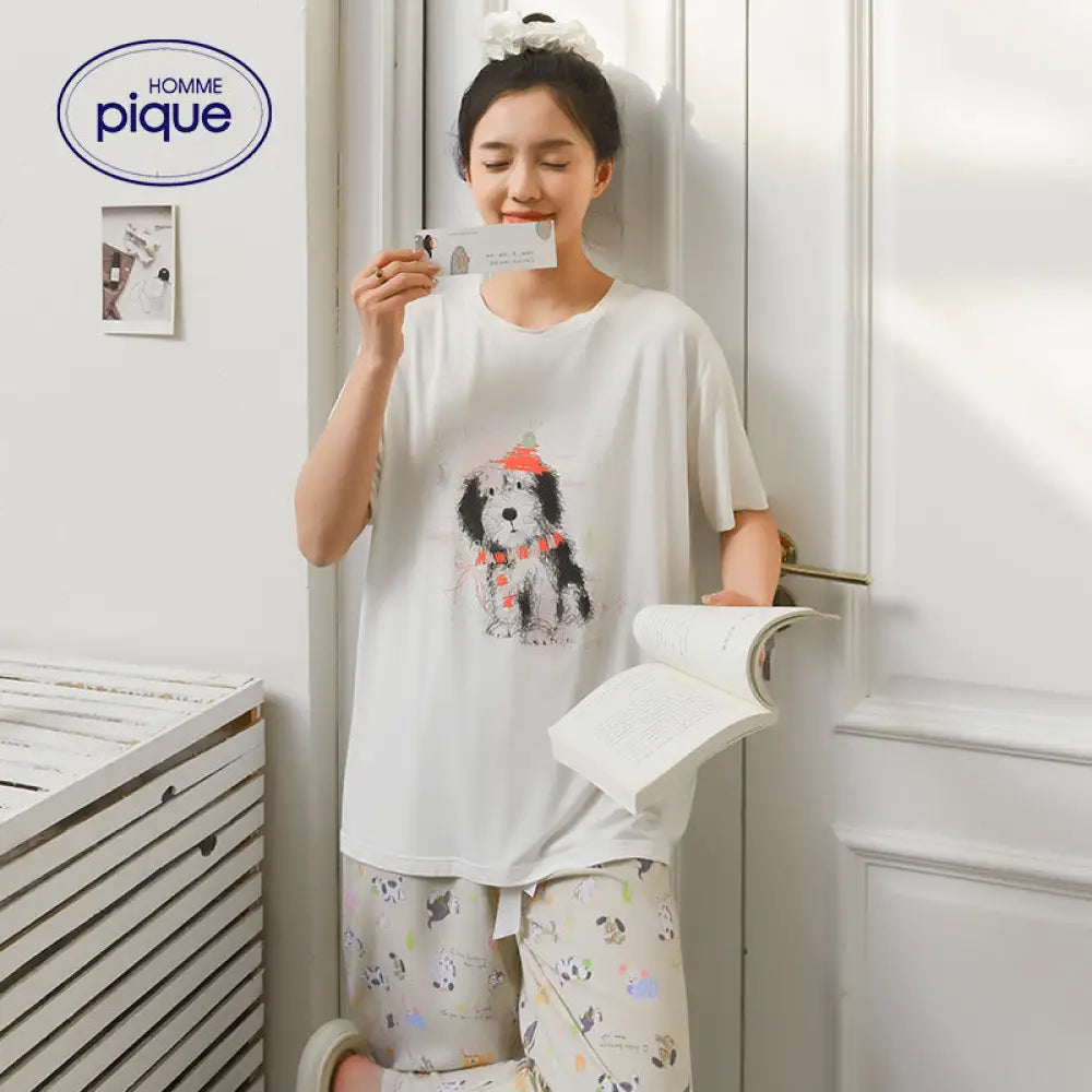 ID525 レディース 犬 プリント モダール パジャマセット 夏 半袖 長ズボン ゆったり かわいい ルームウェア 写真通り / フリー レディース＞セットアップ