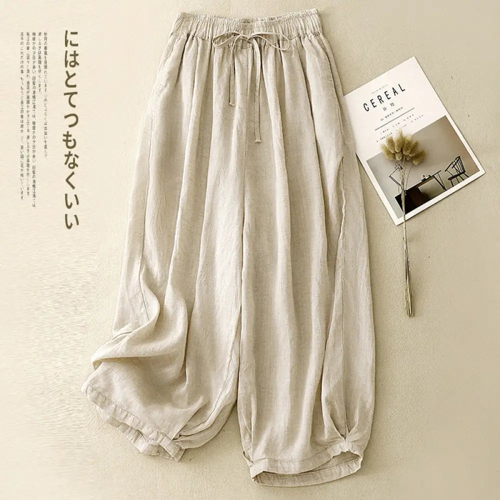 ID1153 レディース ランタンパンツ ウエスト紐調節 ゆったり 綿麻混 夏用 ストレッチ おしゃれ 九分丈 普段着