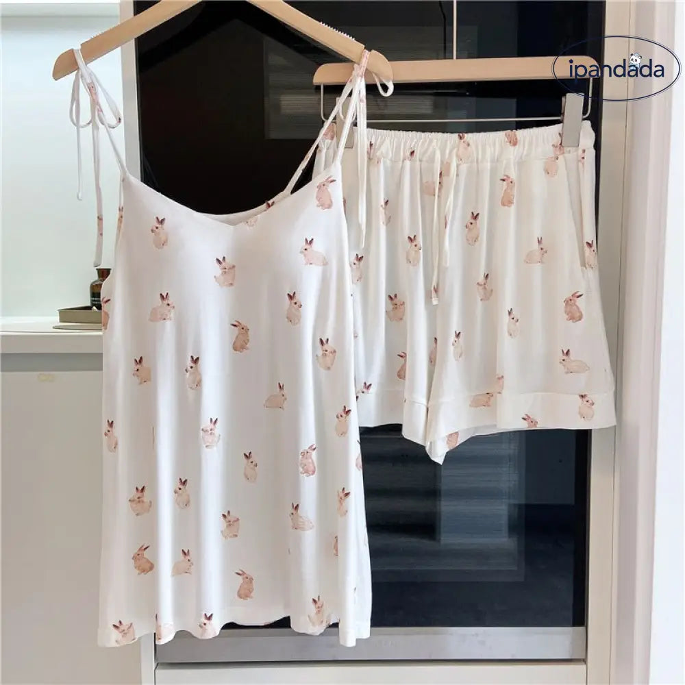 ID633 レディース 日系 うさぎ パジャマ アイスクリーム モダール 夏用 サロペット ショートパンツ セット パッド内蔵 甘い ホワイト / M レディース＞セットアップ