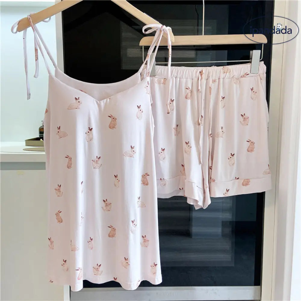ID633 レディース 日系 うさぎ パジャマ アイスクリーム モダール 夏用 サロペット ショートパンツ セット パッド内蔵 甘い ピンク / M レディース＞セットアップ