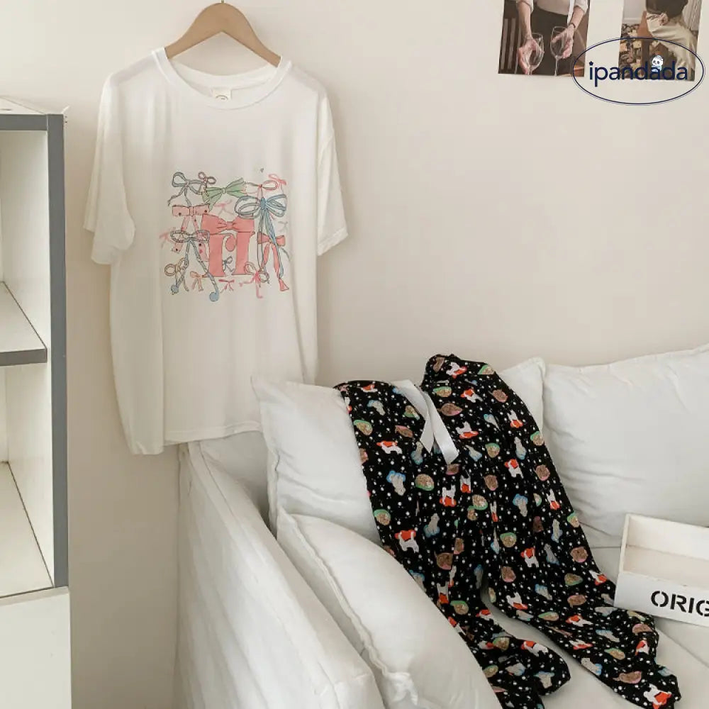 ID526 レディース リボン プリント モダール パジャマ 半袖 長ズボン ゆったり 甘い ルームウェア 外出可 写真通り / フリー レディース＞セットアップ
