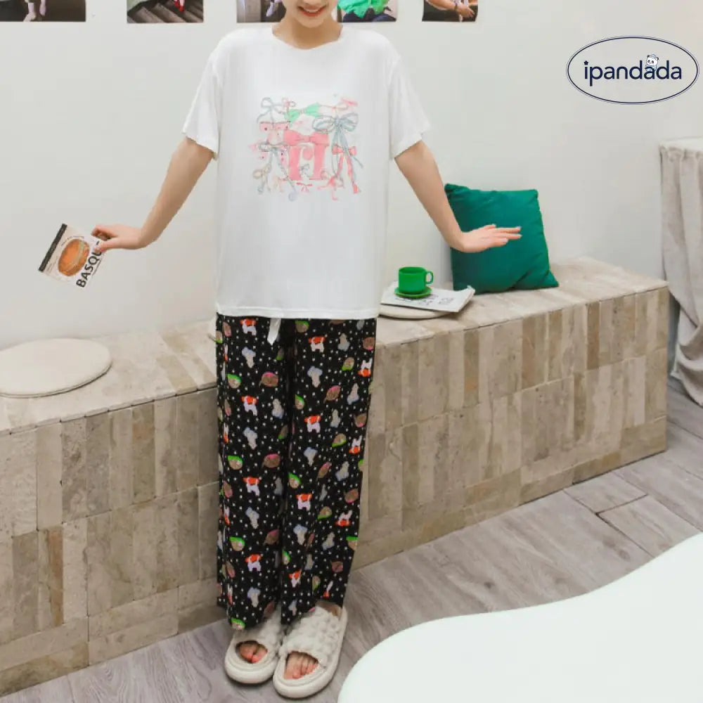 ID526 レディース リボン プリント モダール パジャマ 半袖 長ズボン ゆったり 甘い ルームウェア 外出可 写真通り / フリー レディース＞セットアップ