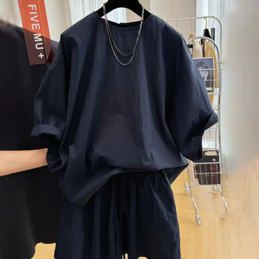 ID1119 レディース リラックスコーデ 2点セット 丸首トップス＆ショーツ 夏用 速乾 ゆったり 通勤対応 ネイビー / L 外出着＞アウター