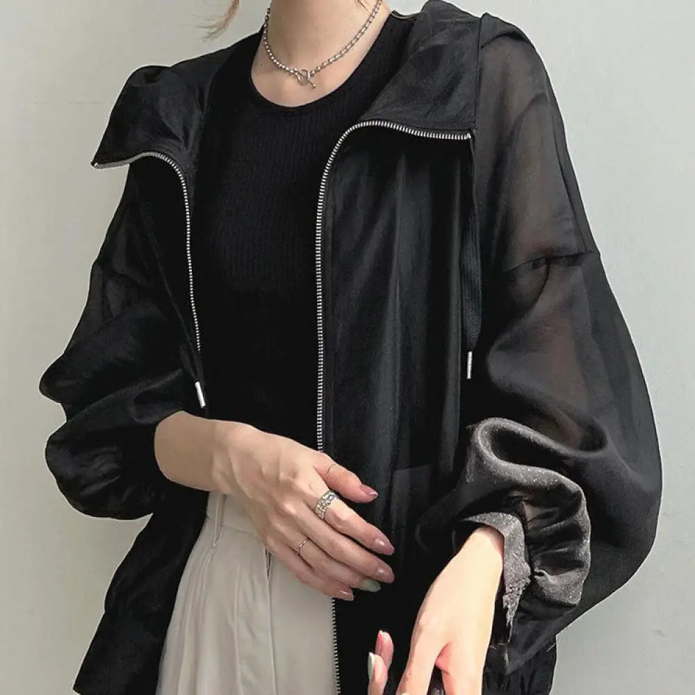 ID1207 レディース UVカットパーカー 2025夏新作 日本デザイン 超薄手 フード付き 日差しカット 接触冷感 おしゃれ ストリート UPF50 + 洗える 5色展開 ブラック / フリー レディース > トップス