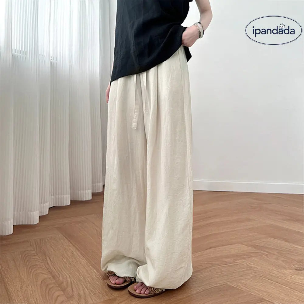 ID1329 【天麻混】レディース ワイドパンツ 夏用 薄手 ハイウエスト ゆったり 垂れ感抜群 リラックス 通気性 洗濯機OK おしゃれ