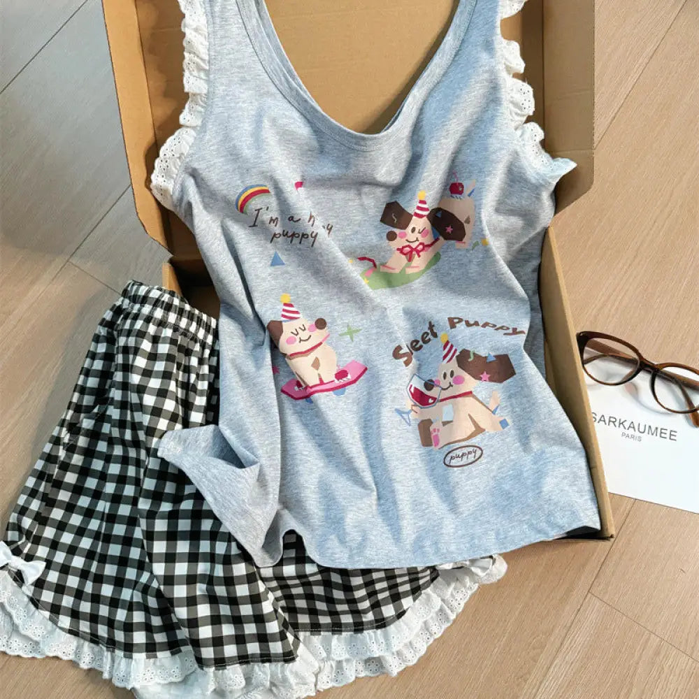 ID1433 レディース 夏 ダックスフンド プリント キャミセット 薄手 レースフリル ショートパンツ お出かけOK 花柄アクセント 透け感なし サマーコーデ おうちカフェ ギフト対応 写真通り / S レディース＞セットアップ
