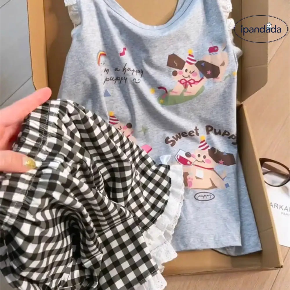 ID1433 レディース 夏 ダックスフンド プリント キャミセット 薄手 レースフリル ショートパンツ お出かけOK 花柄アクセント 透け感なし サマーコーデ おうちカフェ ギフト対応