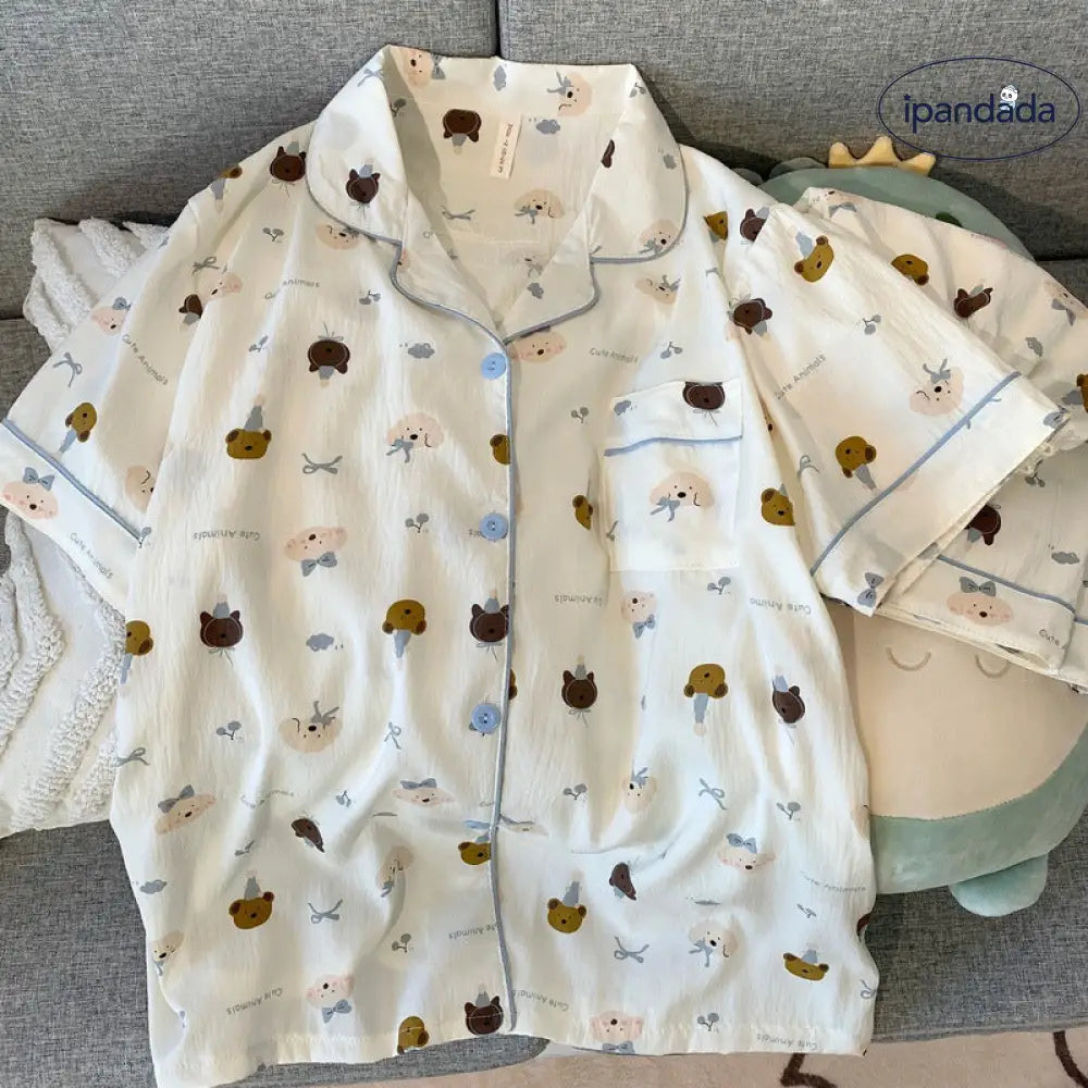 ID1434 レディース 夏 くま柄 パジャマ 3点セット 半袖 ショートパンツ ヘアバンド付 もふもふ肌触り 薄手 お出かけOK コンビニ対応 おうちコーデ ギフト対応 かわいい