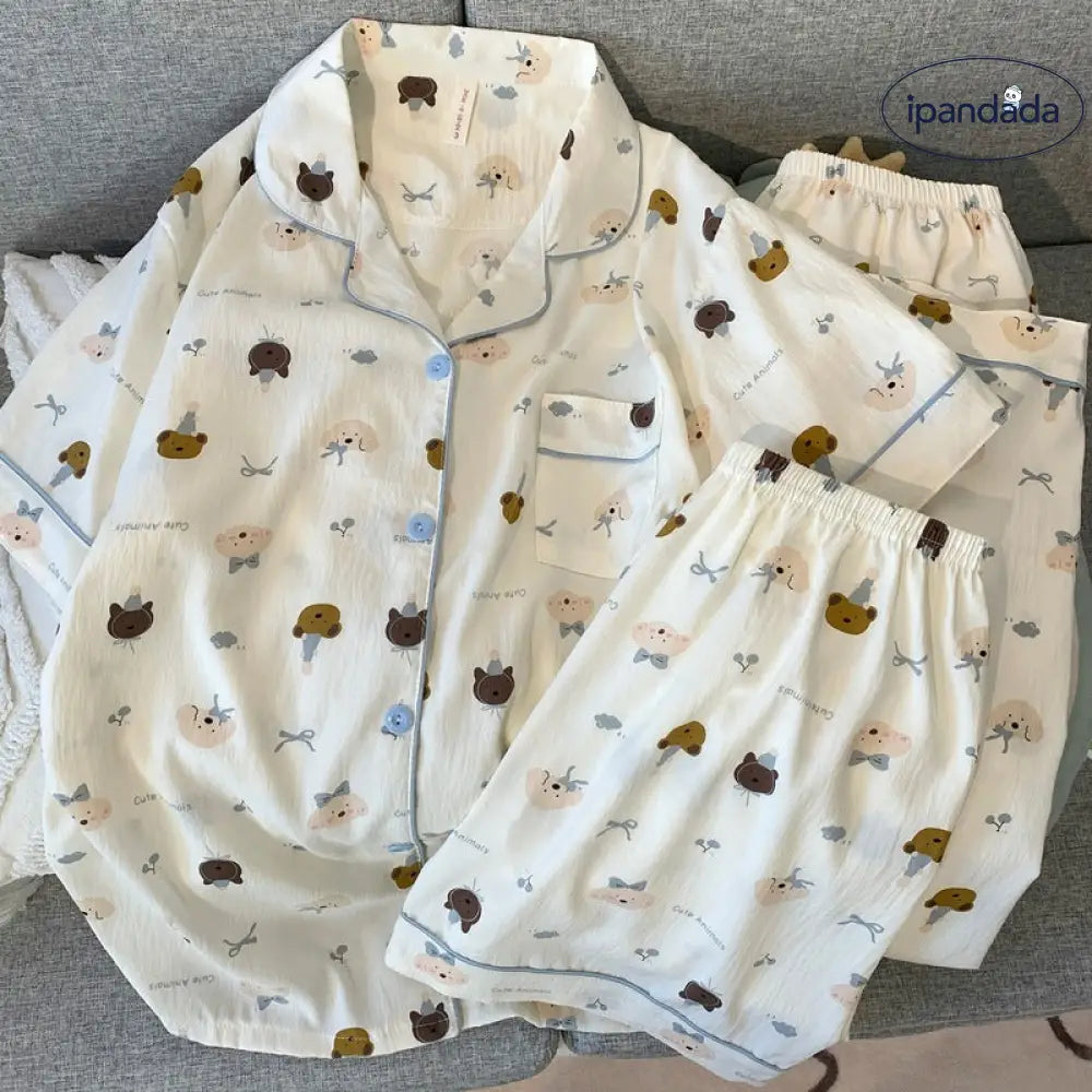ID1434 レディース 夏 くま柄 パジャマ 3点セット 半袖 ショートパンツ ヘアバンド付 もふもふ肌触り 薄手 お出かけOK コンビニ対応 おうちコーデ ギフト対応 かわいい
