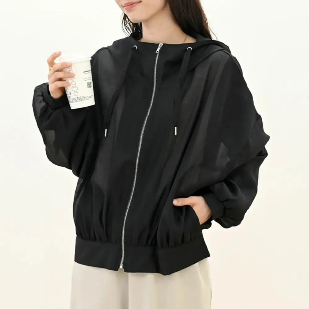 ID1416 レディース 夏 ペティート専用 日焼け止めカーディガン 5色展開 シンプルデザイン 超薄手 UVカット ゆったり ロングリブ おしゃれ羽織り 冷房対策 軽やか素材 すっきりシルエット ブラック / M 外出着>アウター