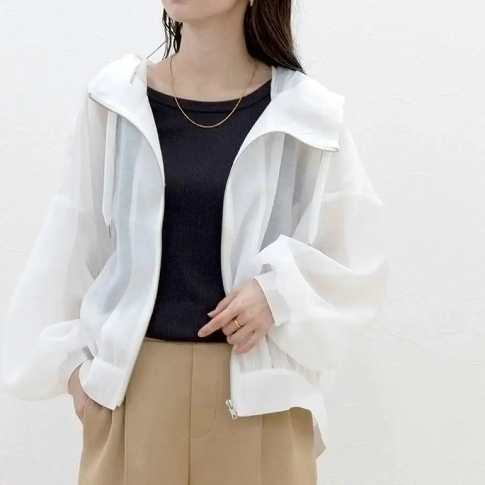 ID1416 レディース 夏 ペティート専用 日焼け止めカーディガン 5色展開 シンプルデザイン 超薄手 UVカット ゆったり ロングリブ おしゃれ羽織り 冷房対策 軽やか素材 すっきりシルエット ホワイト / M 外出着>アウター