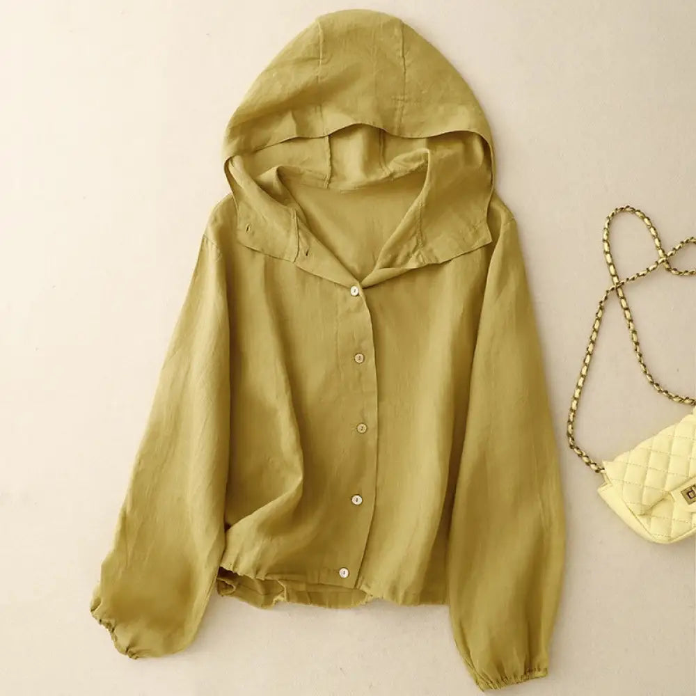 ID1415 レディース 夏 プラスサイズ リネンコットン 日焼け止めジャケット フード付き 長袖 薄手 UVカット 冷房対策 ゆったり設計 おしゃれ羽織り お出かけ 上品 かわいい イエロー / M 外出着>アウター
