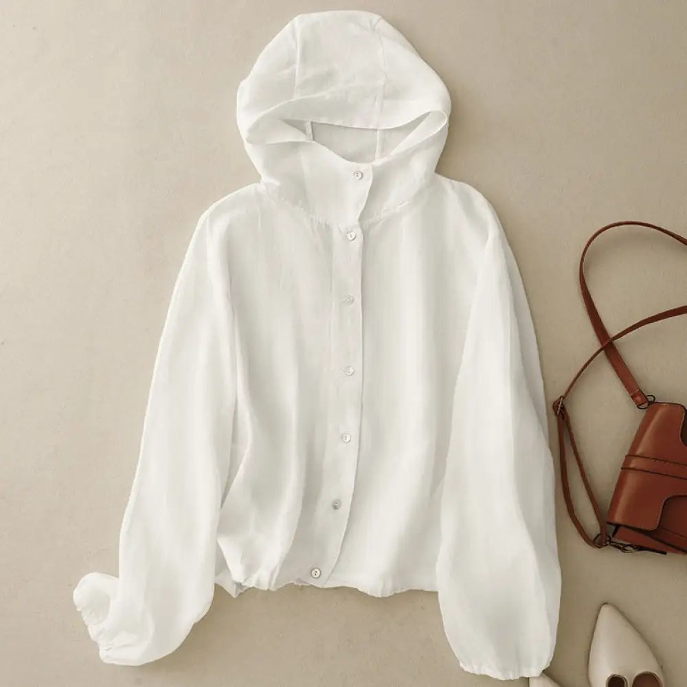 ID1415 レディース 夏 プラスサイズ リネンコットン 日焼け止めジャケット フード付き 長袖 薄手 UVカット 冷房対策 ゆったり設計 おしゃれ羽織り お出かけ 上品 かわいい ホワイト / M 外出着>アウター