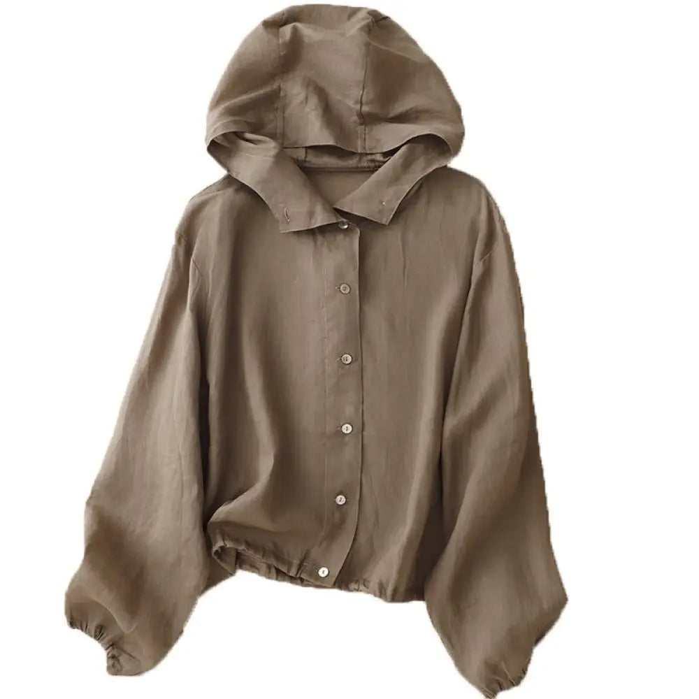 ID1415 レディース 夏 プラスサイズ リネンコットン 日焼け止めジャケット フード付き 長袖 薄手 UVカット 冷房対策 ゆったり設計 おしゃれ羽織り お出かけ 上品 かわいい コーヒー / M 外出着>アウター