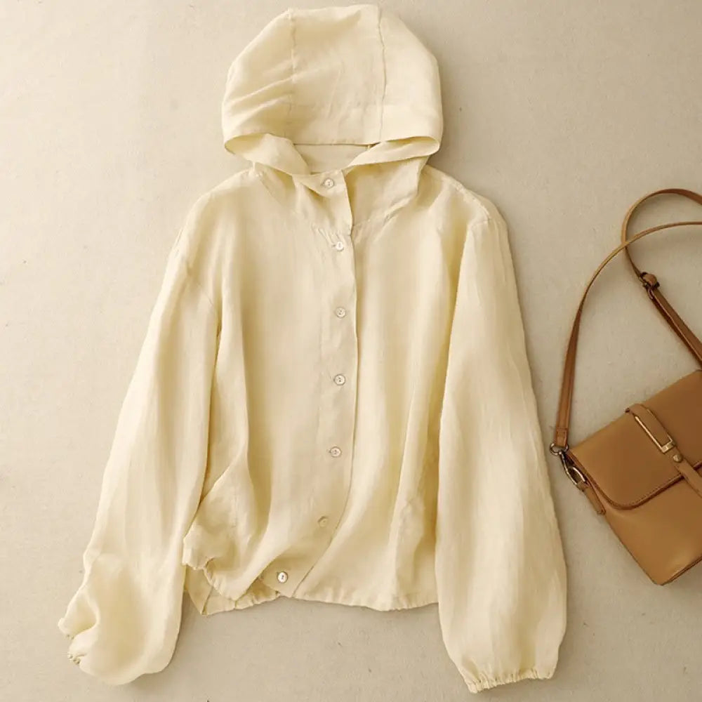 ID1415 レディース 夏 プラスサイズ リネンコットン 日焼け止めジャケット フード付き 長袖 薄手 UVカット 冷房対策 ゆったり設計 おしゃれ羽織り お出かけ 上品 かわいい ベージュ / M 外出着>アウター