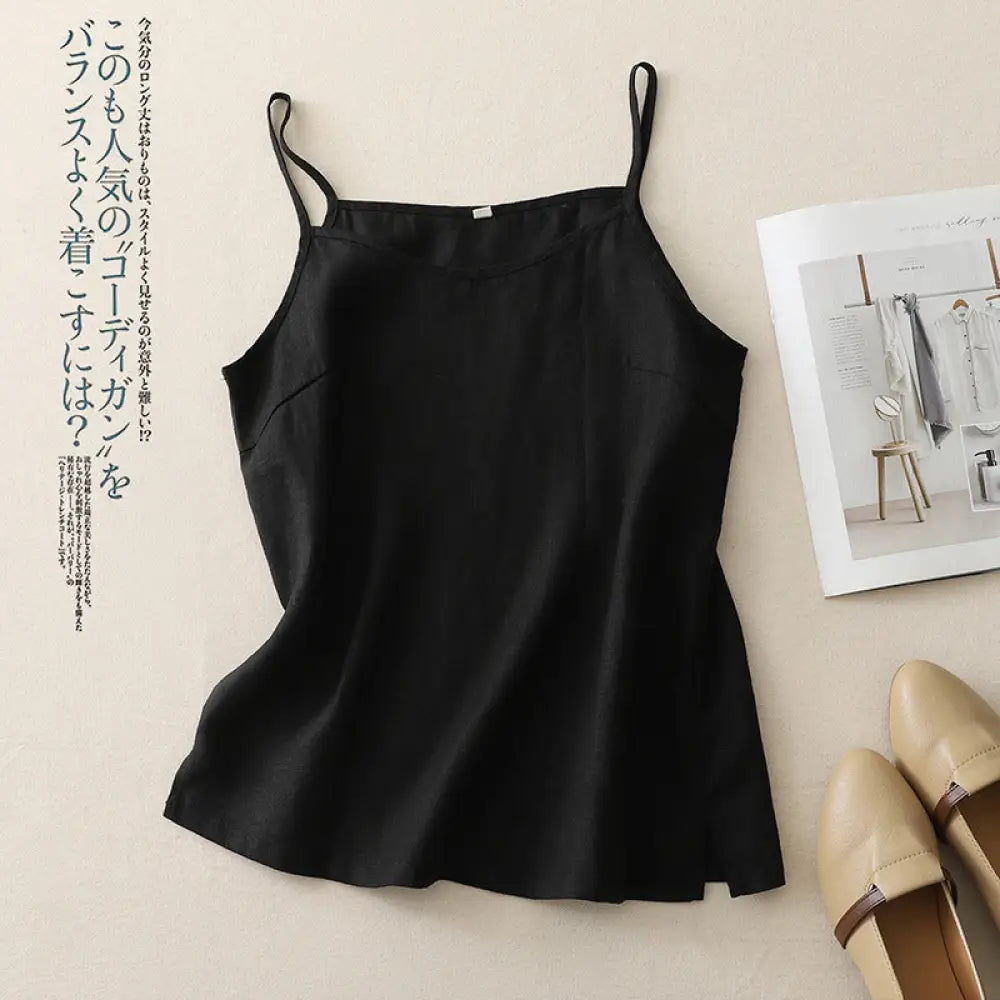 ID1425 レディース 夏 リネンコットン タンクトップ Vネック深め 肌触り最高 薄手 透け感なし ナチュラルテイスト インナー すっきりシルエット おしゃれ 夏の定番 ブラック / M レディース＞インナー