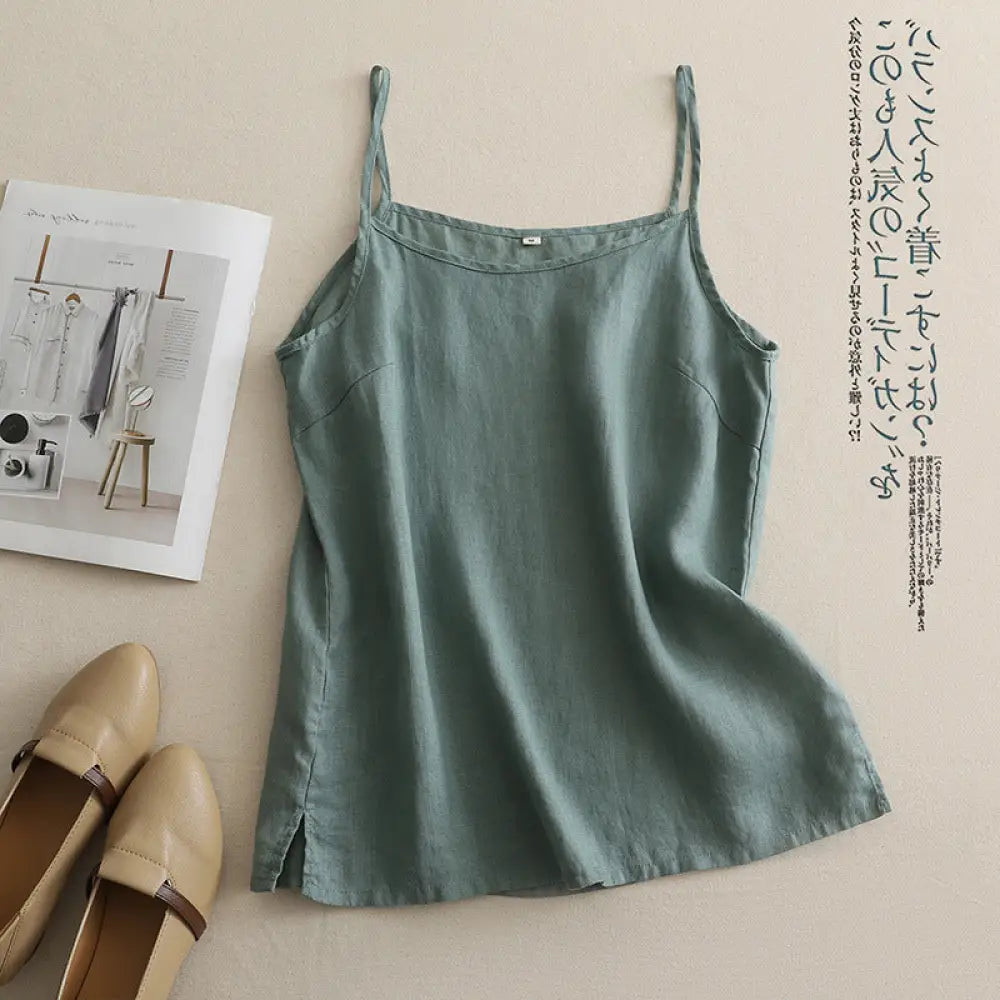 ID1425 レディース 夏 リネンコットン タンクトップ Vネック深め 肌触り最高 薄手 透け感なし ナチュラルテイスト インナー すっきりシルエット おしゃれ 夏の定番 グリーン / M レディース＞インナー